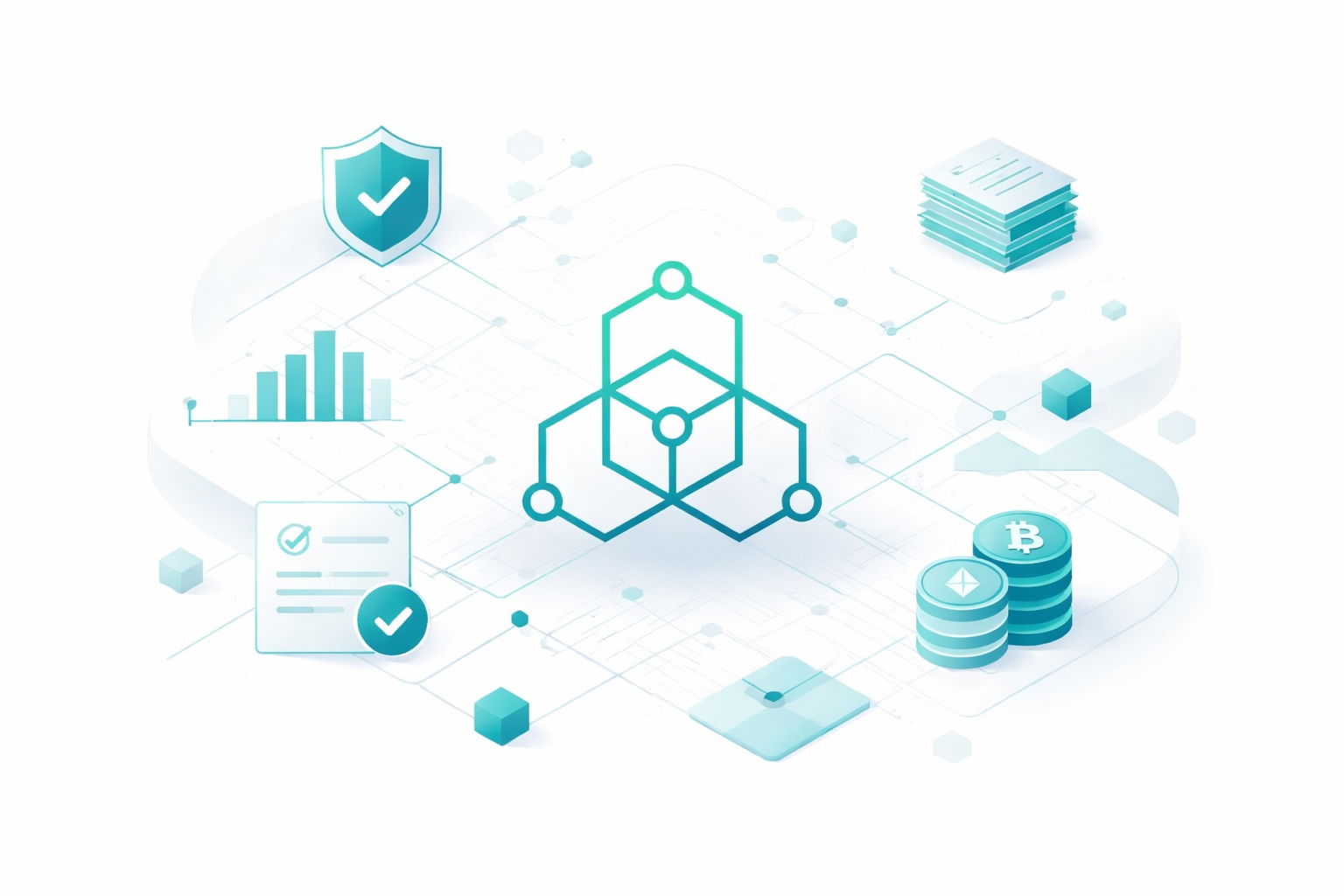 Illustration of cryptocurrency tax and accounting: the Consensus hexagon logo surrounded by crypto coins, a compliance shield, charts, and tax documents